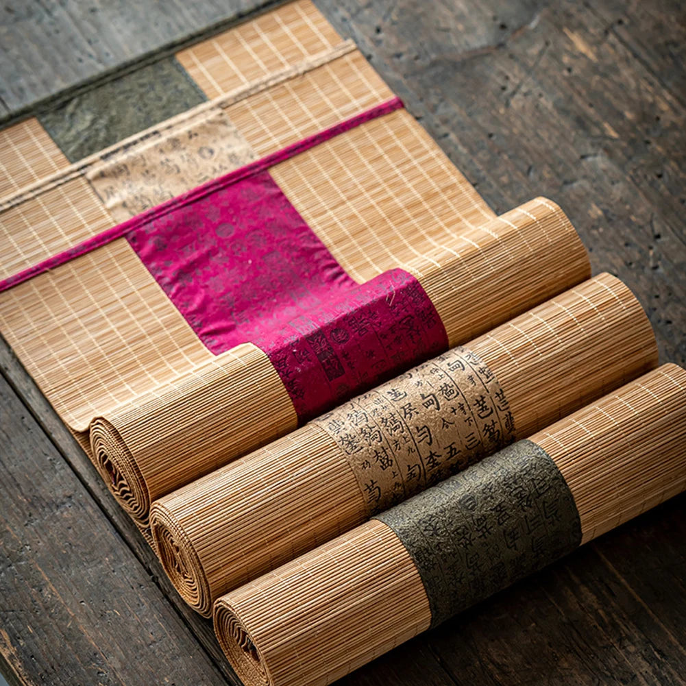 tapis table runner tissage bambou rayures chinoises beige bordeaux traditionnel artisanal maison decoration