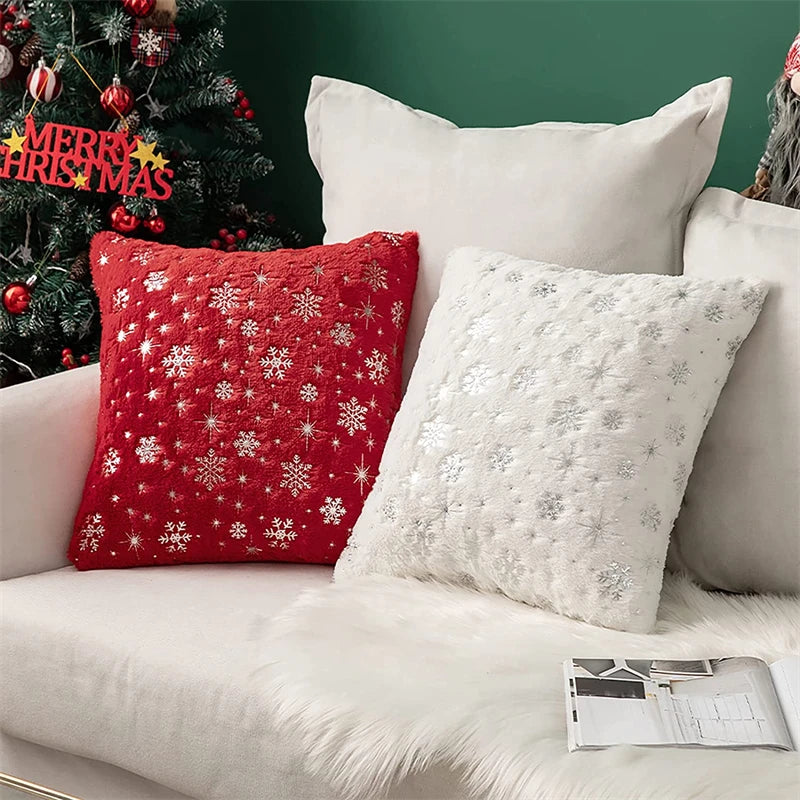 décoration maison flocons neige coussin peluche hiver rouge blanc rose gris beige festive