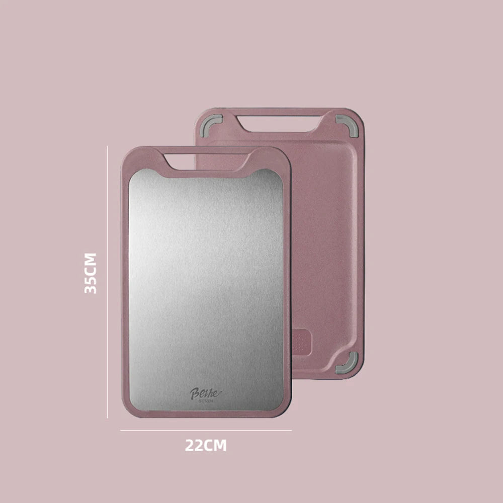 planches découper acier inoxydable moderne 22cm 35cm poignées intégrées vert clair gris métallisé