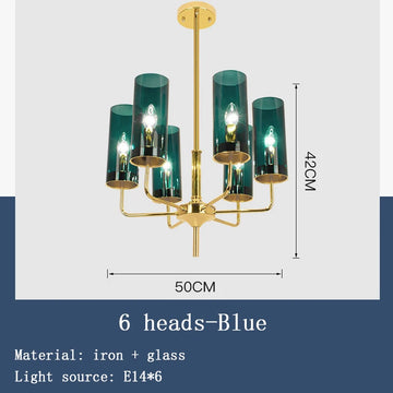 lustre moderne or bleu transparent cylindrique 10 têtes éclairage salon chambre coucher