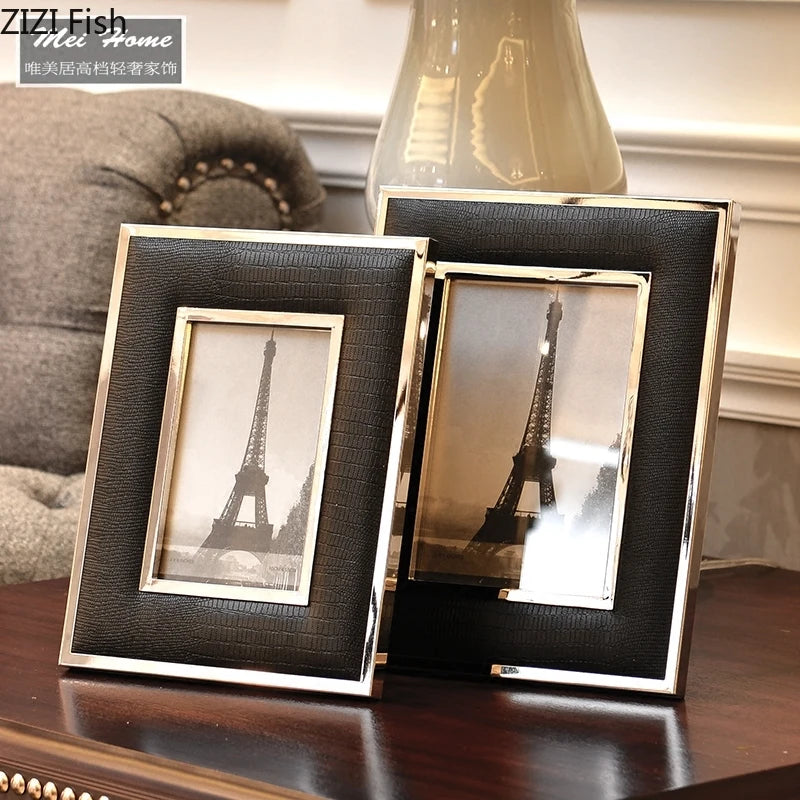 cadre photo simili cuir noir doré élégant decoration maison photo incluse classique métal alliage