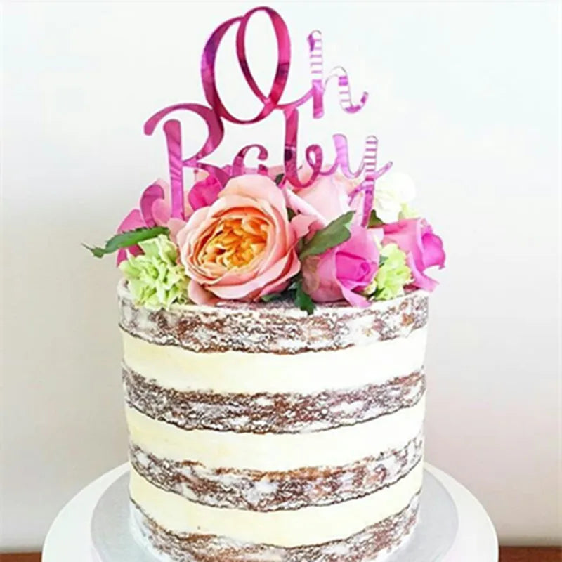 décoration gâteau Oh Baby acrylique transparent or rose moderne élégant anniversaire mariage noël transparente