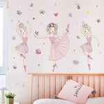 Stickers muraux danseuses tutu papillons coeurs couleurs vives illustration cartoon adhésif chambre enfant decoration