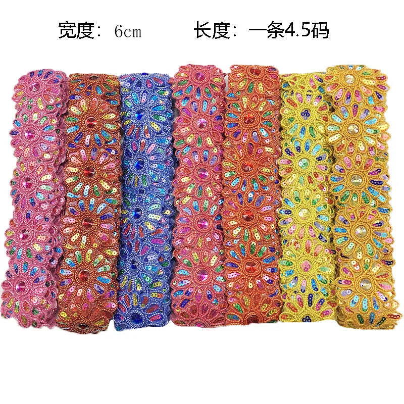 ruban décoratif fleurs strass brodé polyester rose bleu orange jaune marron opacité 6cm large