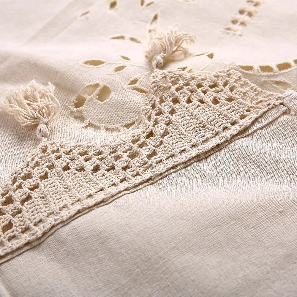 rideaux beiges broderies florales dentelle franges coton pastorales salon chambre semi transparents