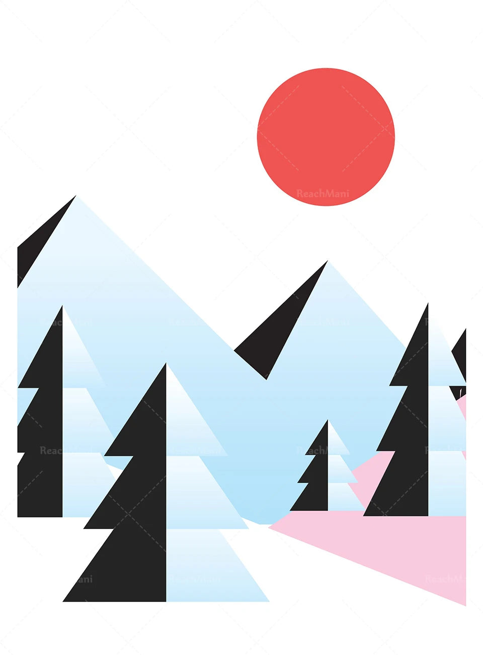 Illustration abstraite de paysage montagneux avec des formes géométriques noires et bleues sur fond blanc et un soleil rouge stylisé.