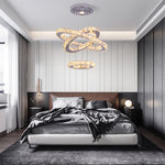 suspension lumineuse moderne anneaux cristal poli blanc doré strass haute luminosité télécommande