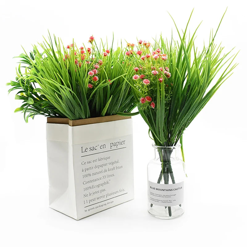 plantes artificielles herbe verte feuilles longues pot carton vase verre extérieur décoration moderne minimaliste