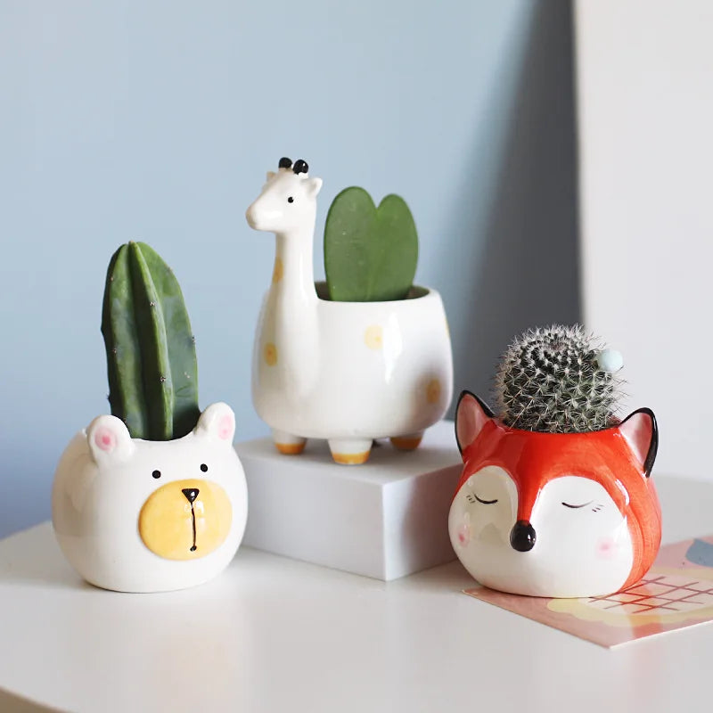 cache pot animaux cartoon cactus ours girafe renard chat fleur verte porcelain moderne