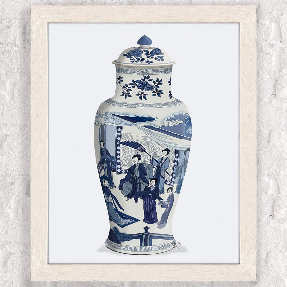 Vase bleu et blanc orné de motifs floraux et de scènes de personnages dans un style traditionnel asiatique.