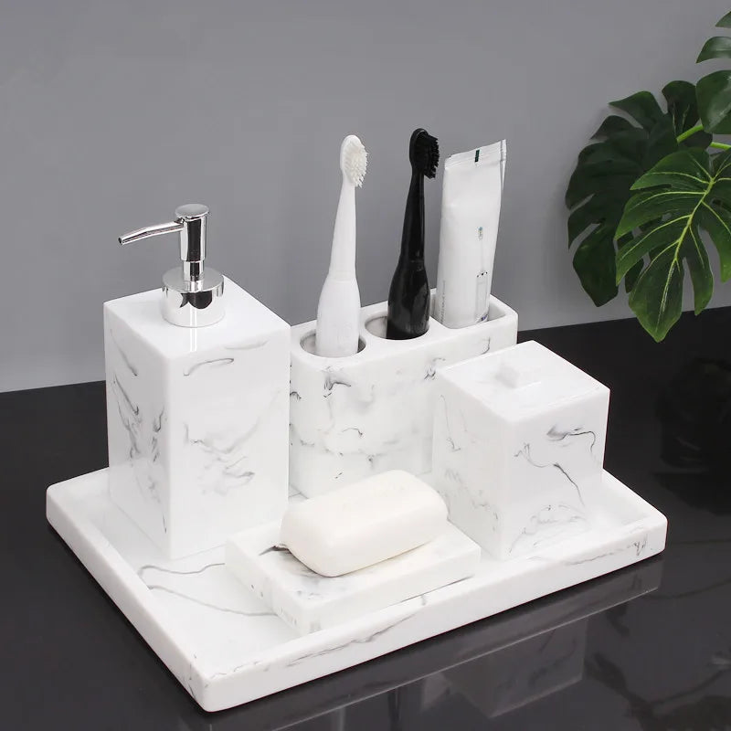 ensemble accessoires salle bain céramique marbre blanc gris distributeur savon porte brosse dentifrice