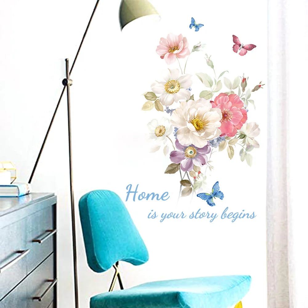 sticker mural fleurs multicolores papillons adhésif décoration maison salon chambre creative