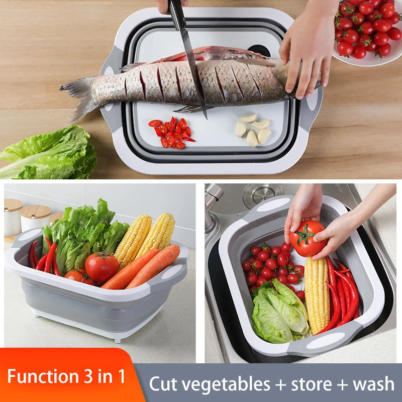 planches découper pliables bac lavage rétractable gris blanc vert moderne utilitaire cuisine légumes poissons