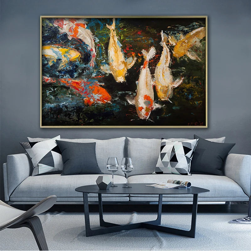 toile peinte abstraite poissons rouges moderne multicolore jaune orange blanc noir cadre doré decoration