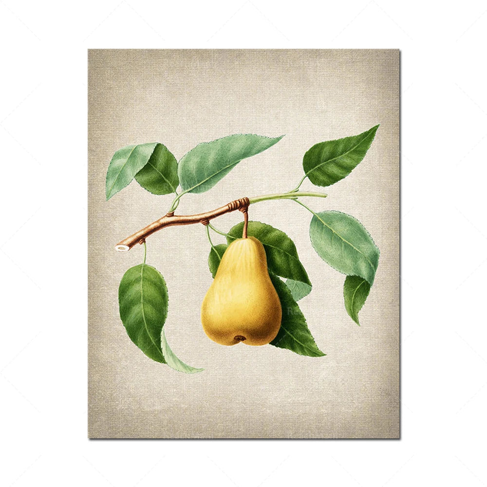 Une poire jaune mûre suspendue à une branche avec des feuilles vertes sur un fond texturé.