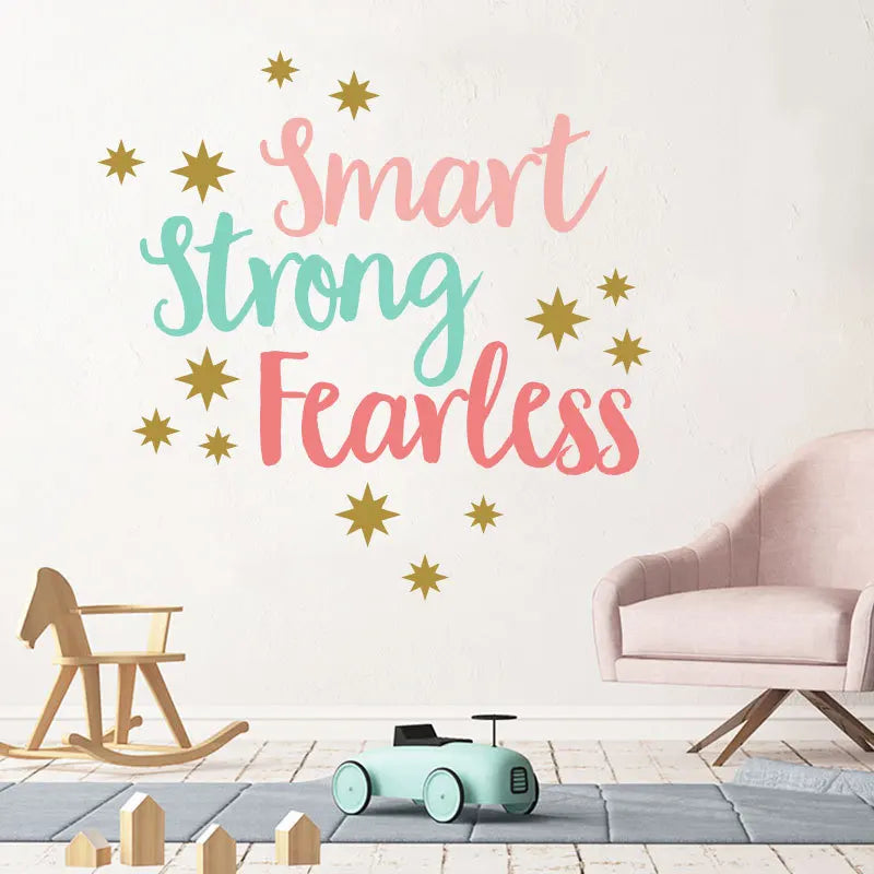 sticker mural moderne smart strong fearless étoiles dorées enfantin rose bleuclair opaque chambre coucher