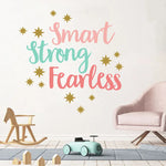 sticker mural moderne smart strong fearless étoiles dorées enfantin rose bleuclair opaque chambre coucher