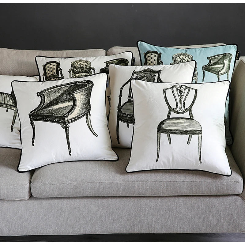 taies d'oreiller blanc motif vintage chaises maison 45x45cm 50x50cm polyester respectueux environnement