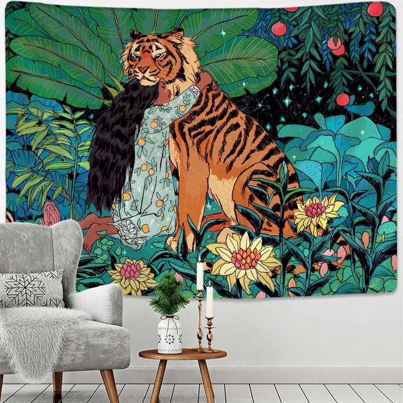 tapisserie murale animaux jungle tigre fleurs mystérieuses multicolore vert orange noir blanc decoration chambre