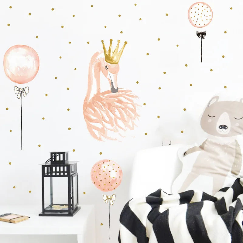 sticker mural flamant rose couronne ballons illustrative décorative adhésive animaux chambre enfantDecorationMurBlancDore