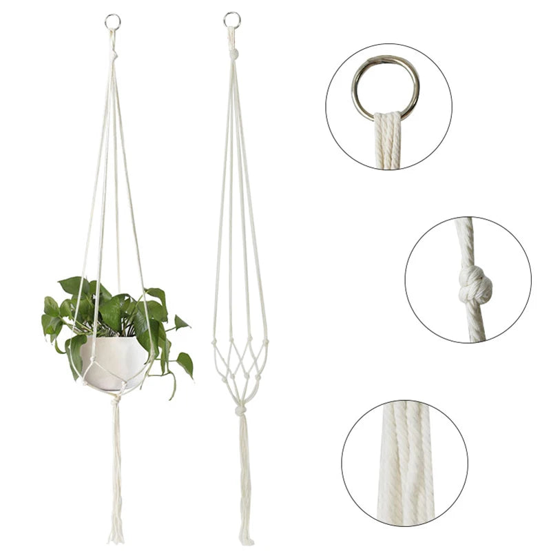 Support plante suspendue macramé boho rotin blanc orange anneaux métalliques