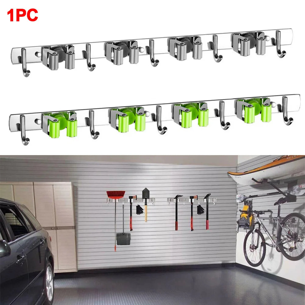 porte balais argenté vert clair adhésif mur moderne hooks rangement outils nettoyage