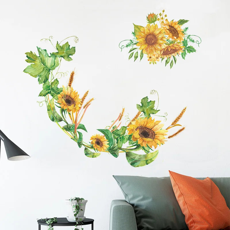 autocollant mural floral tournesol feuilles jaune vert blanc salon chambre coucher résistant l'eau pvc