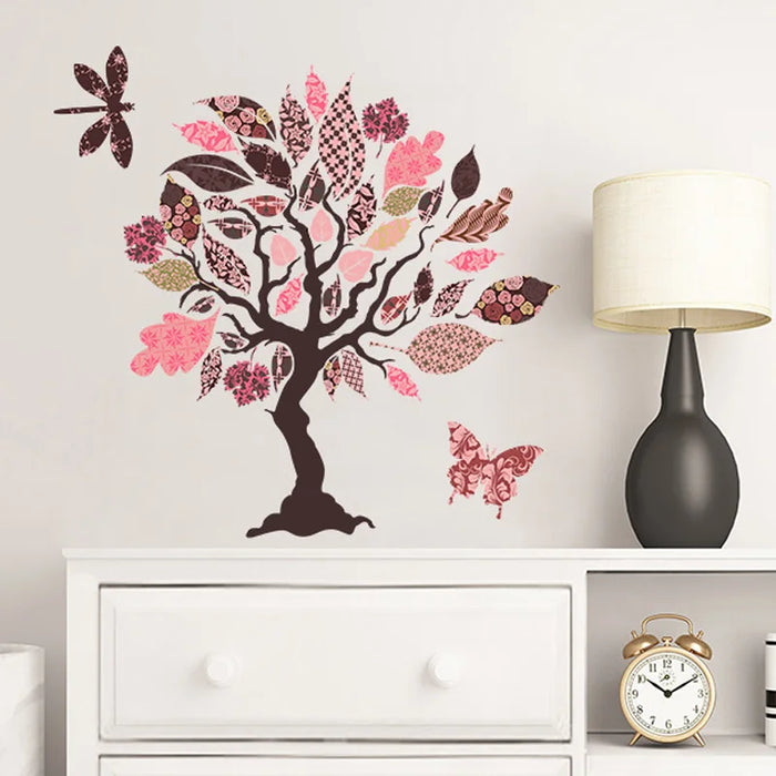 décoration murale autocollant arbre coloré feuilles insectes marron rose vert enfantin 58cm 38cm