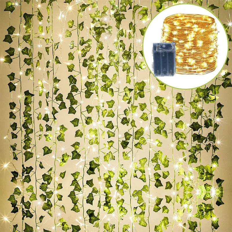 guirlande lumineuse feuilles artificielles 100 led extérieur moderne décoration mariage jardin vert blanc