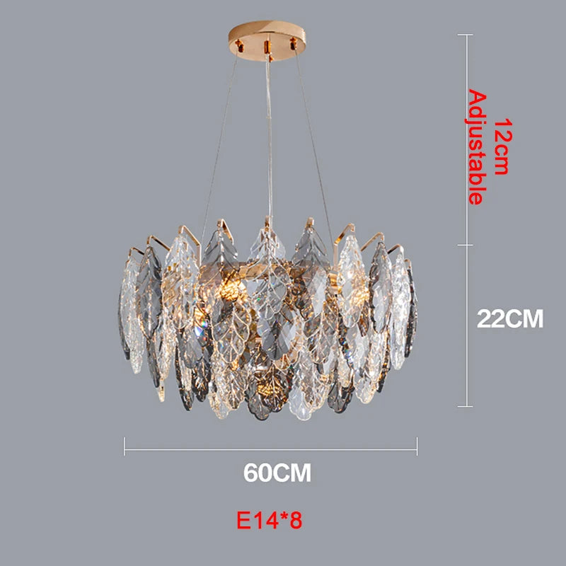 chandelier moderne luxueux transparent feuilles stylisées câbles métalliques doré argenté
