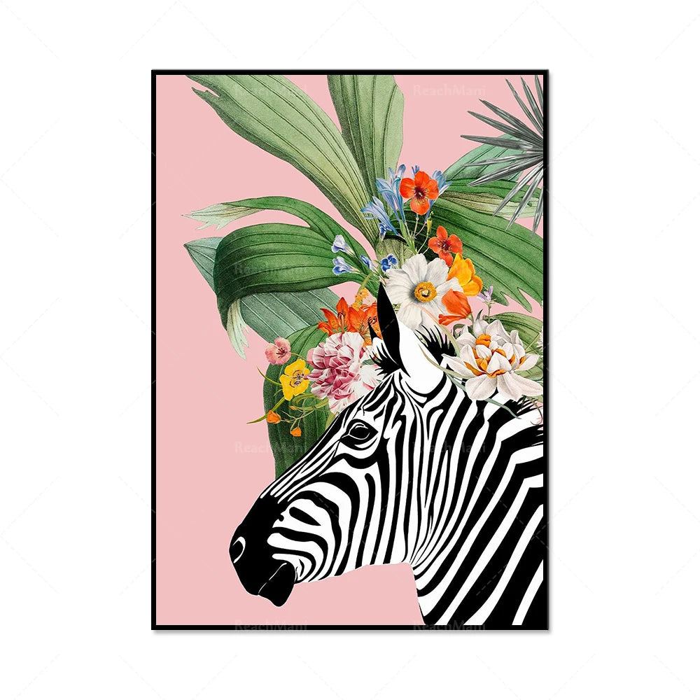 Une magnifique zebra aux rayures contrastées, avec une couronne de fleurs colorées et un arrière-plan rose, créant une composition florale et tropicale élégante.