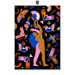 Une composition abstraite aux formes géométriques colorées, représentant une figure humaine sur un fond noir.