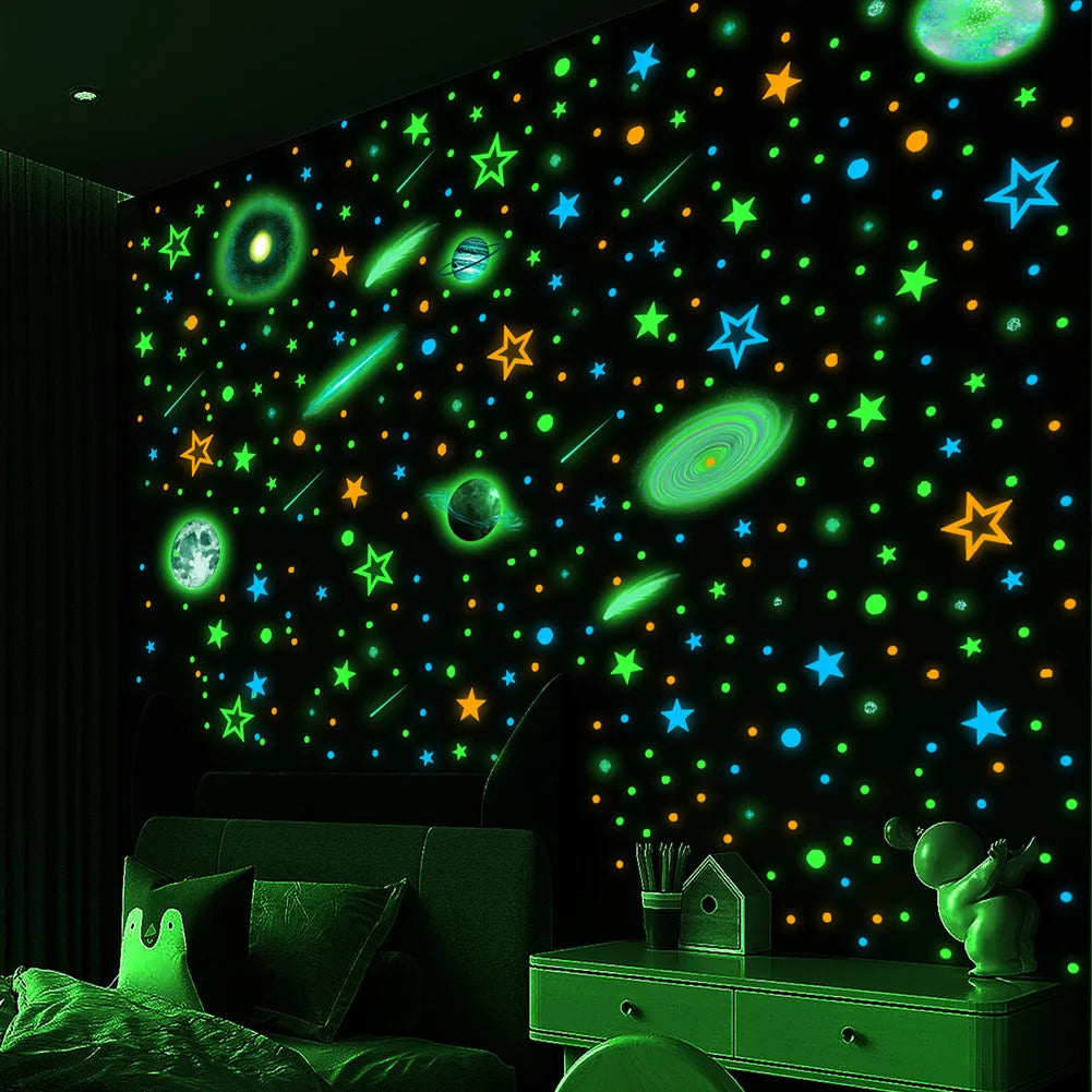 sticker lumineux étoile planète adhésif chambre enfant décoration mur nocturne 497 pièces vert orange