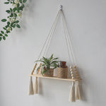 étagères suspendues boho blanc macramé bois rustique anneaux métalliques chambre salon étude decoration cadeau