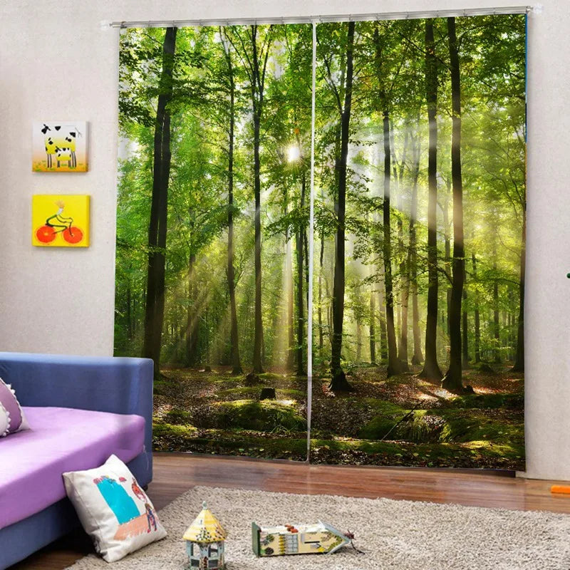 Rideau paysage forêt sereine, idéal pour une décoration intérieure apaisante. Ajoutez une touche de nature à votre salon ou chambre avec cette impression réaliste de forêt verdoyante. Lumière filtrée à travers les arbres, apportant une ambiance calme et relaxante à votre espace de vie. Parfait pour créer un environnement harmonieux et naturel chez vous.