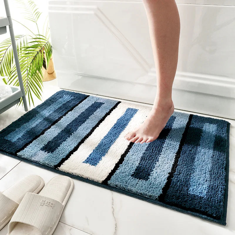tapis bain antidérapant bleu marine bleu clair blanc rayé moderne polyester résistant