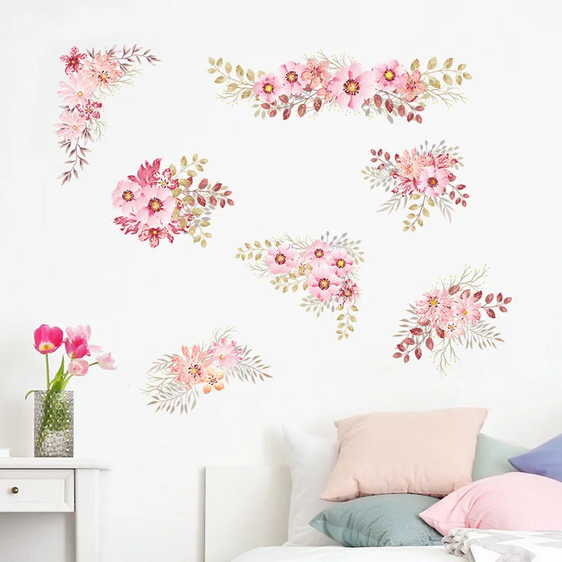 sticker mural adhésif fleurs aquarellées rose rouge jaune marron vert moderne chambre salon