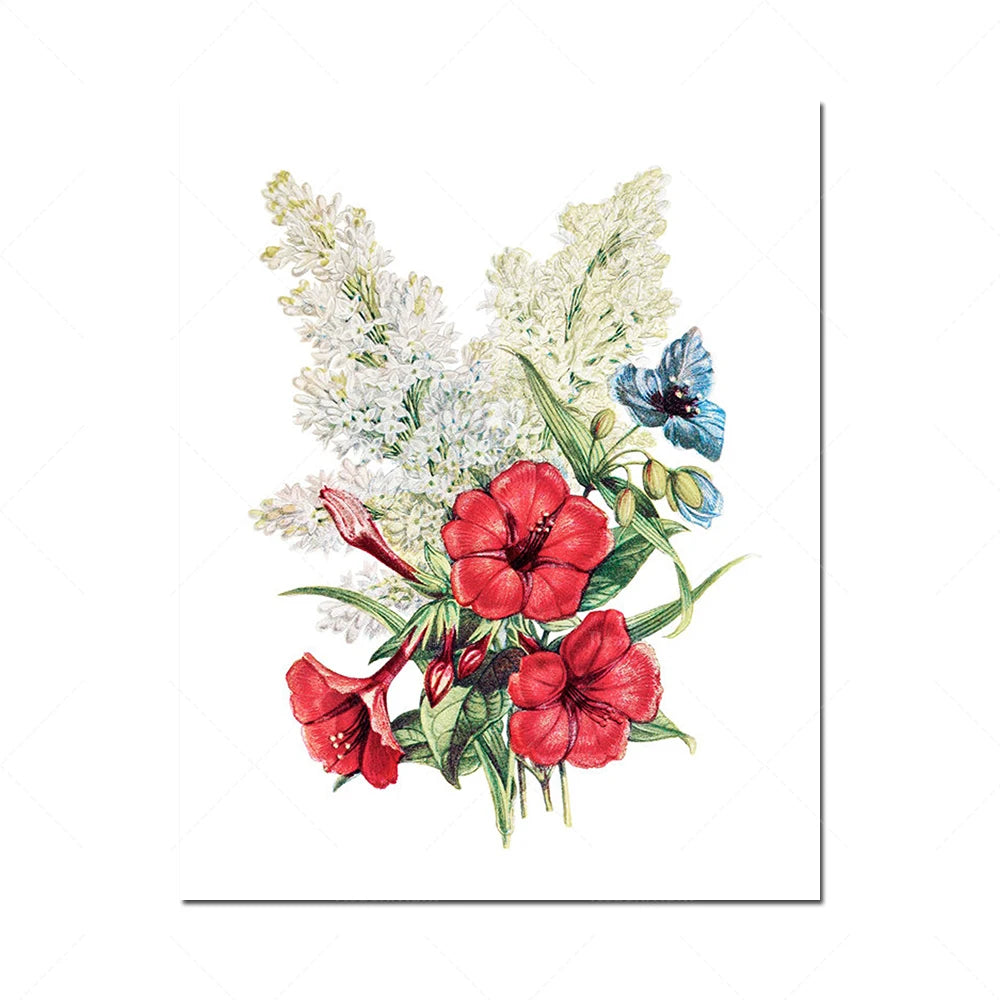 Bouquet de fleurs rouges et blanches avec des papillons bleus, une composition florale élégante et colorée.
