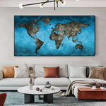 impression toile carte monde bleu moderne décoration intérieure salon chambre enfant affiche horizontal vieilli