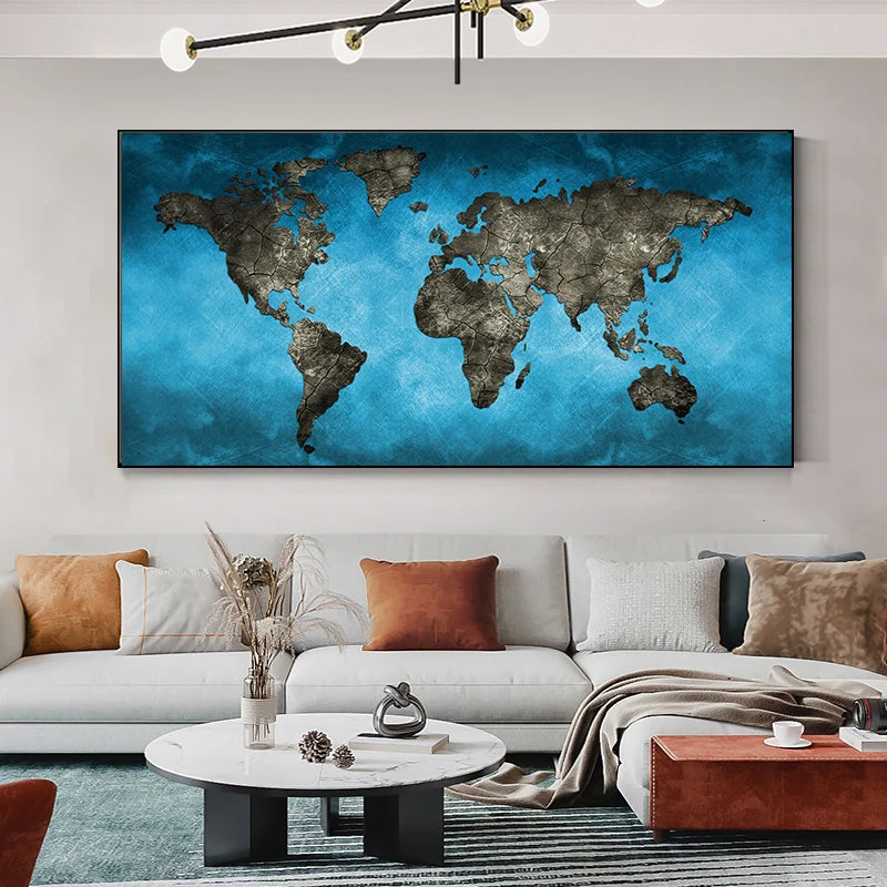 impression toile carte monde bleu moderne décoration intérieure salon chambre enfant affiche horizontal vieilli