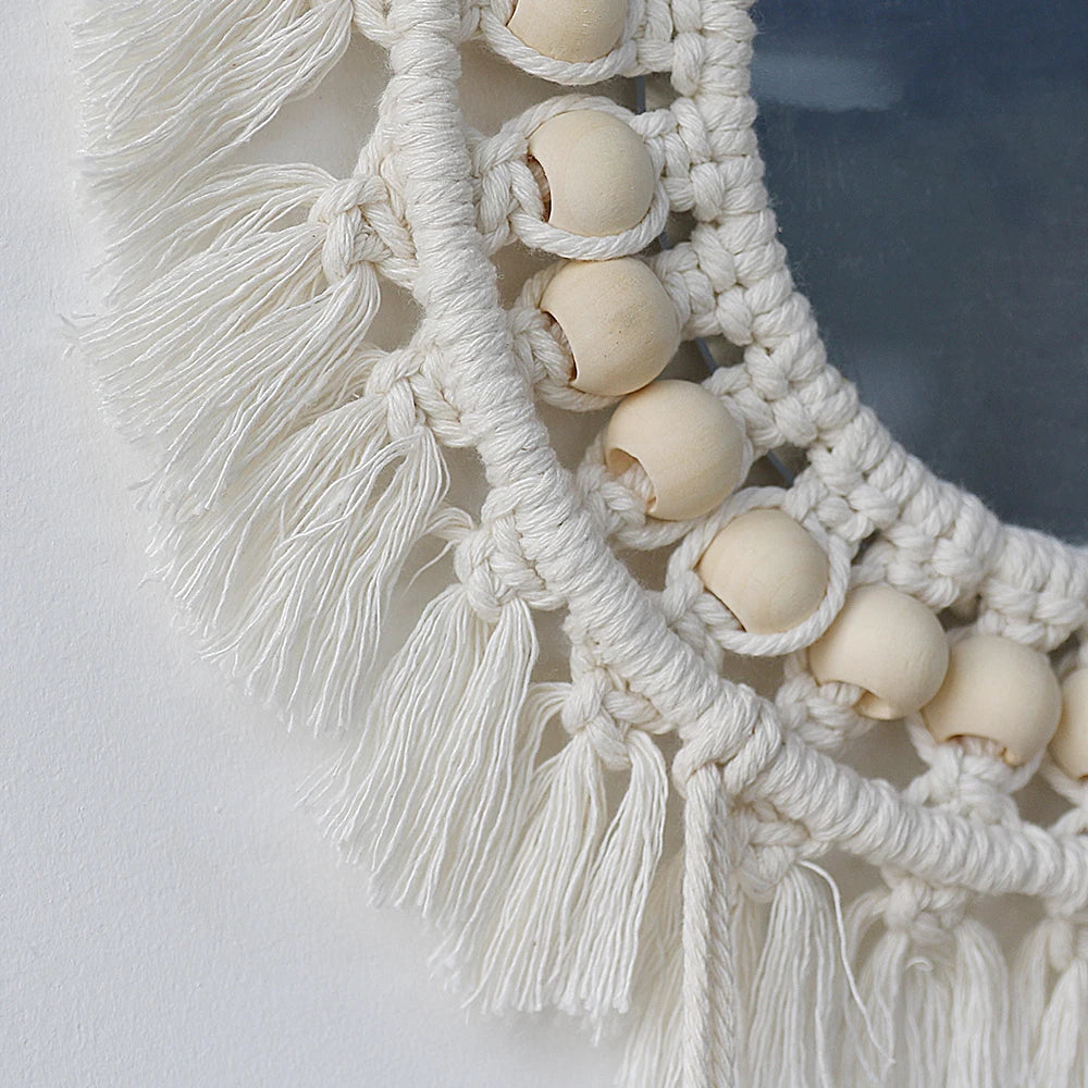 miroir décoratif boho blanc beige macramé franges artisanal