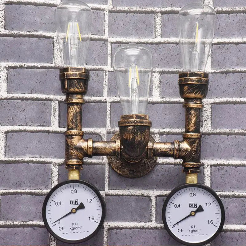 Lampe murale industrielle rétro bronze noir deux ampoules edison manomètres décoratifs fixations vis 27cm
