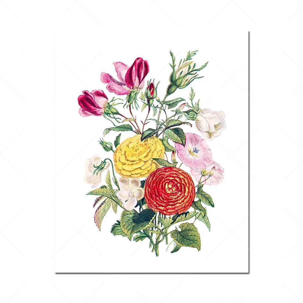 Un bouquet coloré de roses rouges, de pivoines jaunes et de fleurs roses sur un fond blanc.