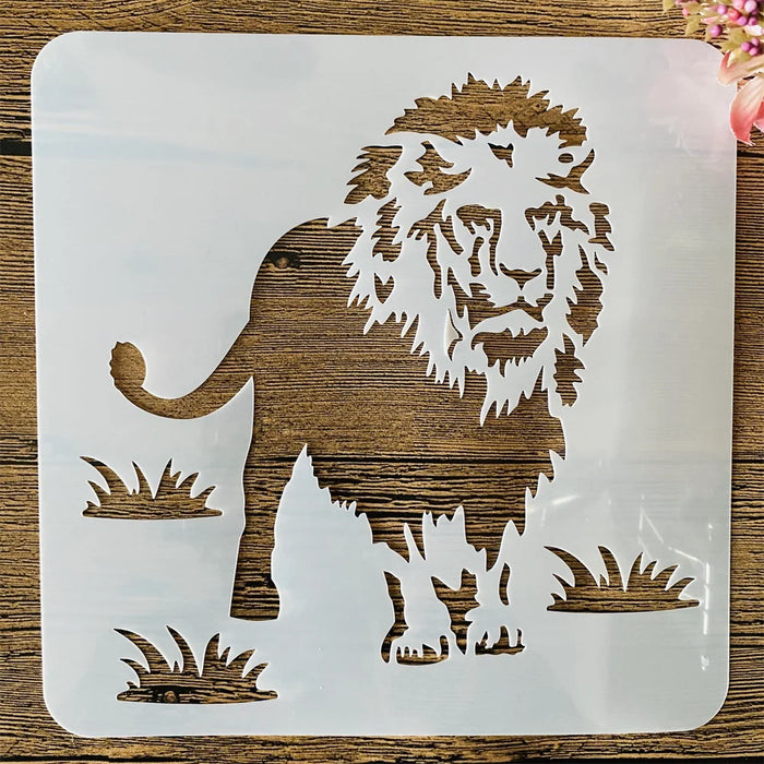 Stencil lion blanc brun herbe artiste peinture murale scrapbook coloriage décoratif