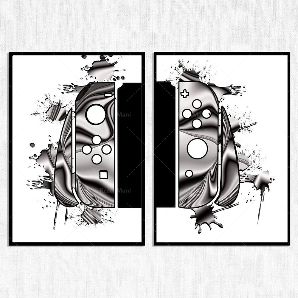 Deux images monochromes avec un motif abstrait et des formes géométriques évoquant des manettes de jeu vidéo, créant une composition graphique dynamique et énergique.