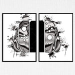 Deux images monochromes avec un motif abstrait et des formes géométriques évoquant des manettes de jeu vidéo, créant une composition graphique dynamique et énergique.