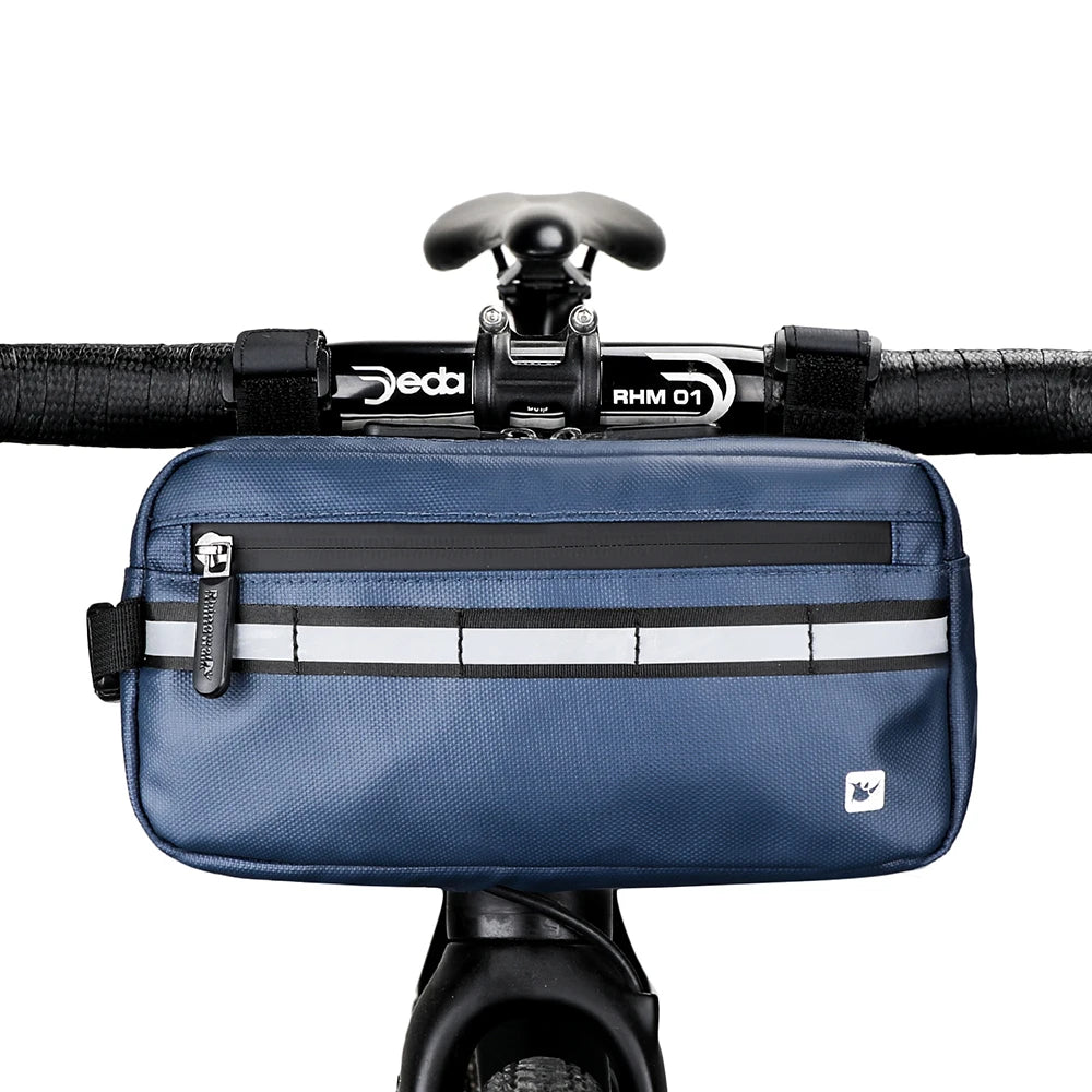 sacoche vélo bleu marine gris étanche bandes réfléchissantes pratique clips compartiment poches sportif