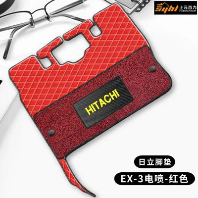 tapis sol rouge noir quilté moderne hitachi logo cabine véhicule