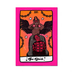 L'image montre une illustration colorée avec deux personnages aux allures démoniaques représentant "Le Diable" sur une carte de tarot, dans une ambiance sombre et mystique.