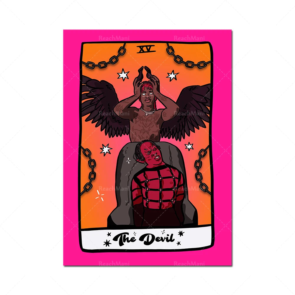 L'image montre une illustration colorée avec deux personnages aux allures démoniaques représentant "Le Diable" sur une carte de tarot, dans une ambiance sombre et mystique.